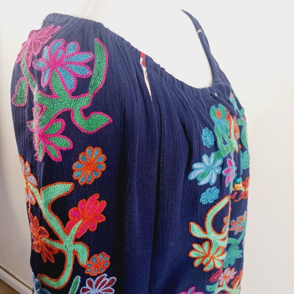 John Mark, Navy Multicolor Embroidered Peasant Blouse Medium, Boho, Festival - Picture 5 of 16